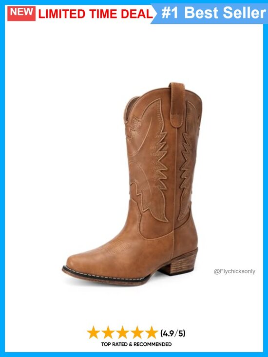 Shoes - Women's Faux Leather Cowboy Mid-Calf Boots Snip Toe Block Heel